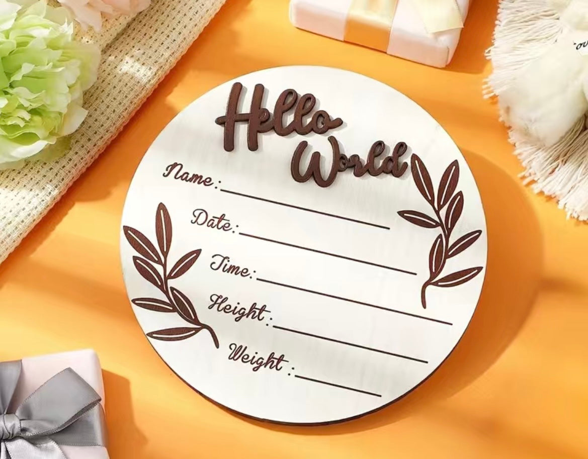 Hello World Wooden Baby Announcement - Dark Brown